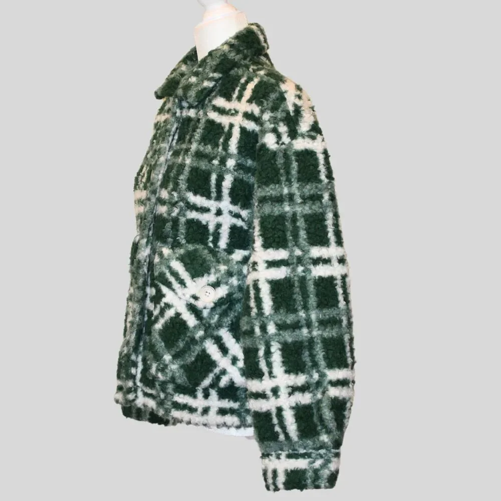 ZARA Women's Combination Plaid Fleece/ Teddy Oversized Jacket Green Size S